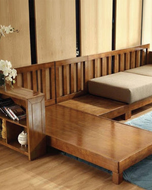 Modern Wooden L-Shape Sofa Cum Daybed with Center Table & Side Storage