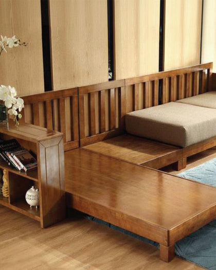 Modern Wooden L-Shape Sofa Cum Daybed with Center Table & Side Storage